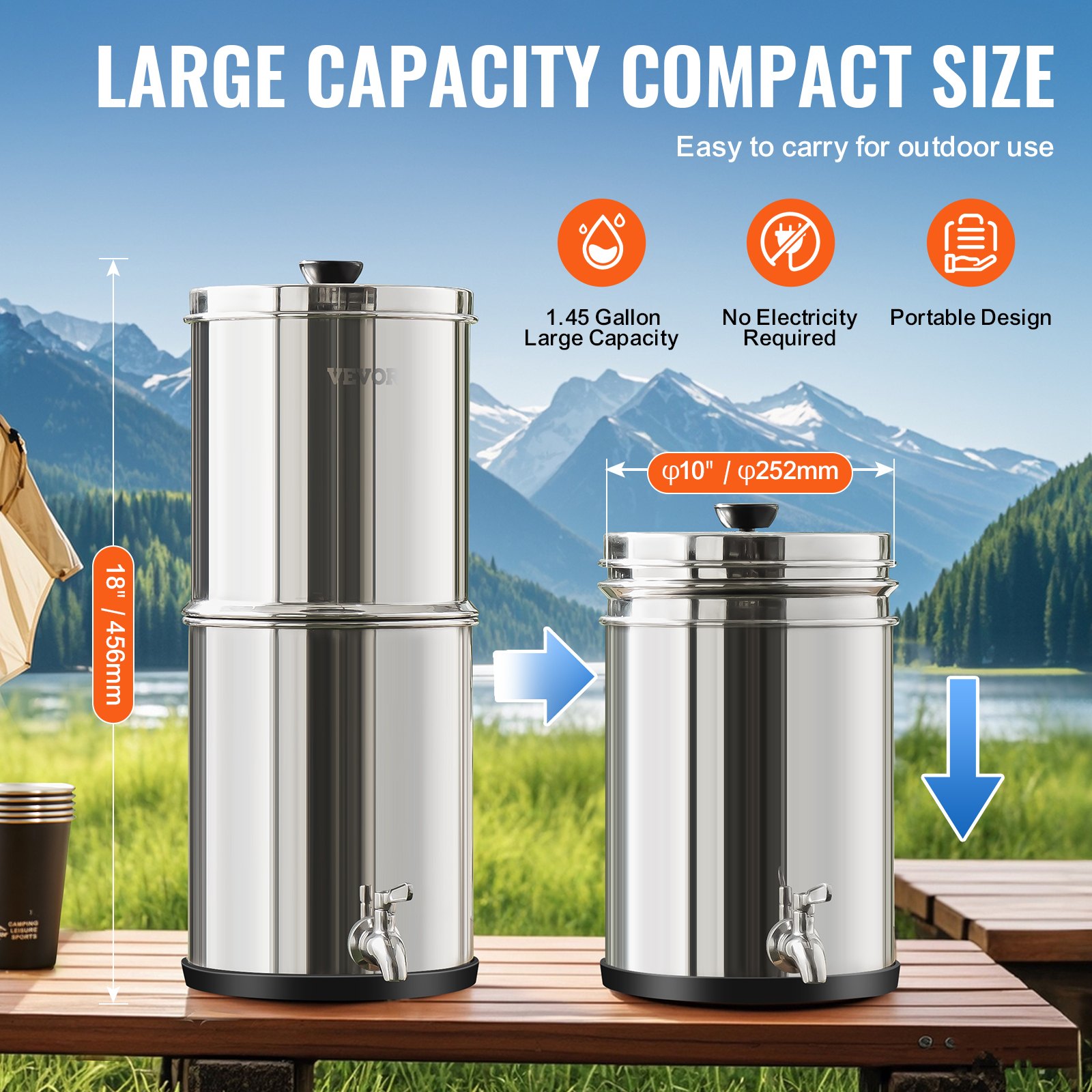 VEVOR Sistema de Filtración de Agua por Gravedad 5,5 L Filtro de Agua por Gravedad para Encimera Acero Inoxidable 304 Reduce Plomo y hasta 99% de Cloro con 2 Filtros de Carbón y Grifo para Hogar