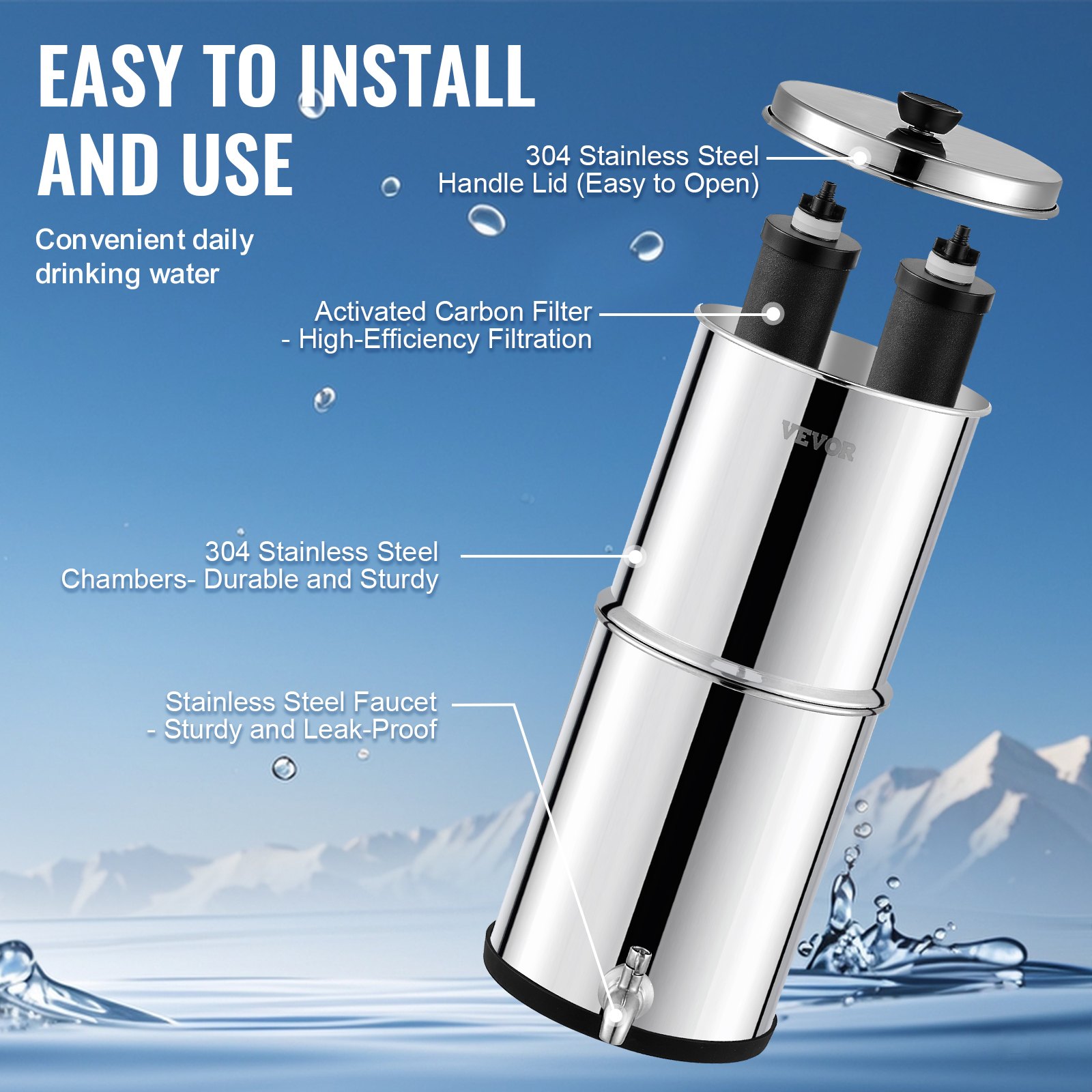 VEVOR Sistema de Filtración de Agua por Gravedad 5,5 L Filtro de Agua por Gravedad para Encimera Acero Inoxidable 304 Reduce Plomo y hasta 99% de Cloro con 2 Filtros de Carbón y Grifo para Hogar
