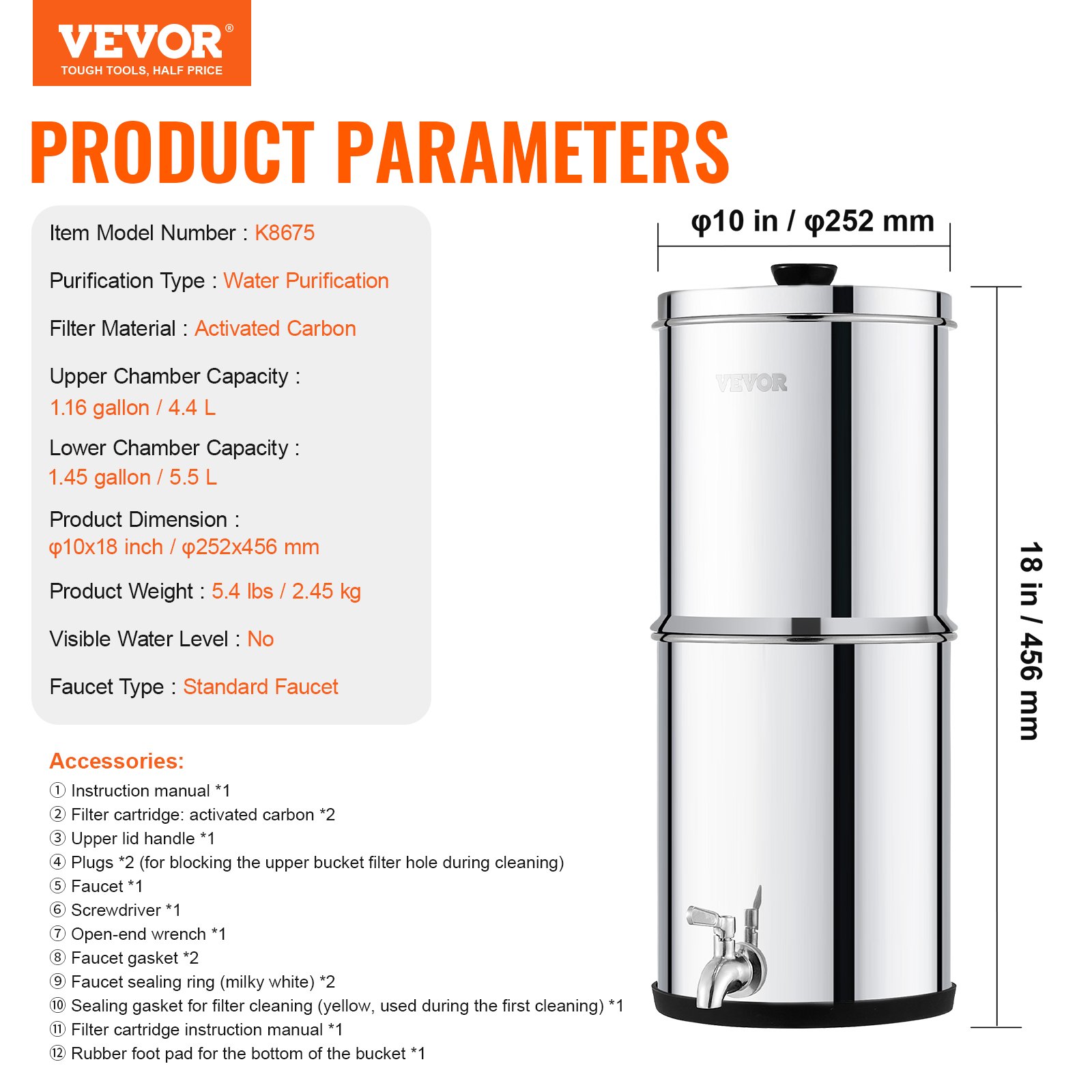 VEVOR Sistema de Filtración de Agua por Gravedad 5,5 L Filtro de Agua por Gravedad para Encimera Acero Inoxidable 304 Reduce Plomo y hasta 99% de Cloro con 2 Filtros de Carbón y Grifo para Hogar