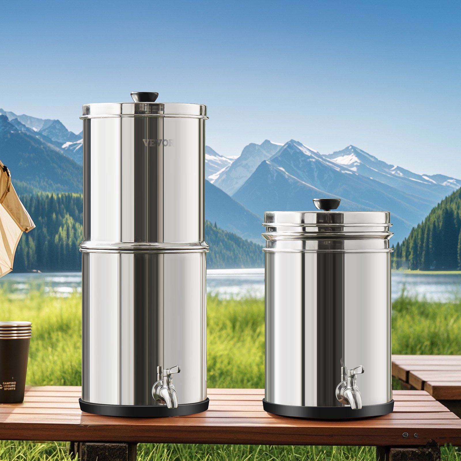 VEVOR Sistema de Filtración de Agua por Gravedad 5,5 L Filtro de Agua por Gravedad para Encimera Acero Inoxidable 304 Reduce Plomo y hasta 99% de Cloro con 2 Filtros de Carbón y Grifo para Hogar