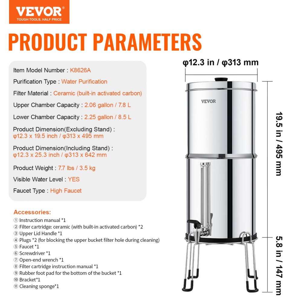 VEVOR Sistema de Filtración de Agua por Gravedad 8,5L Sistema de Encimera Acero Inoxidable Reduce Plomo y hasta 99% de Cloro con Filtros de Carbón y Cerámica Grifo Nivel de Agua Visible para Camping