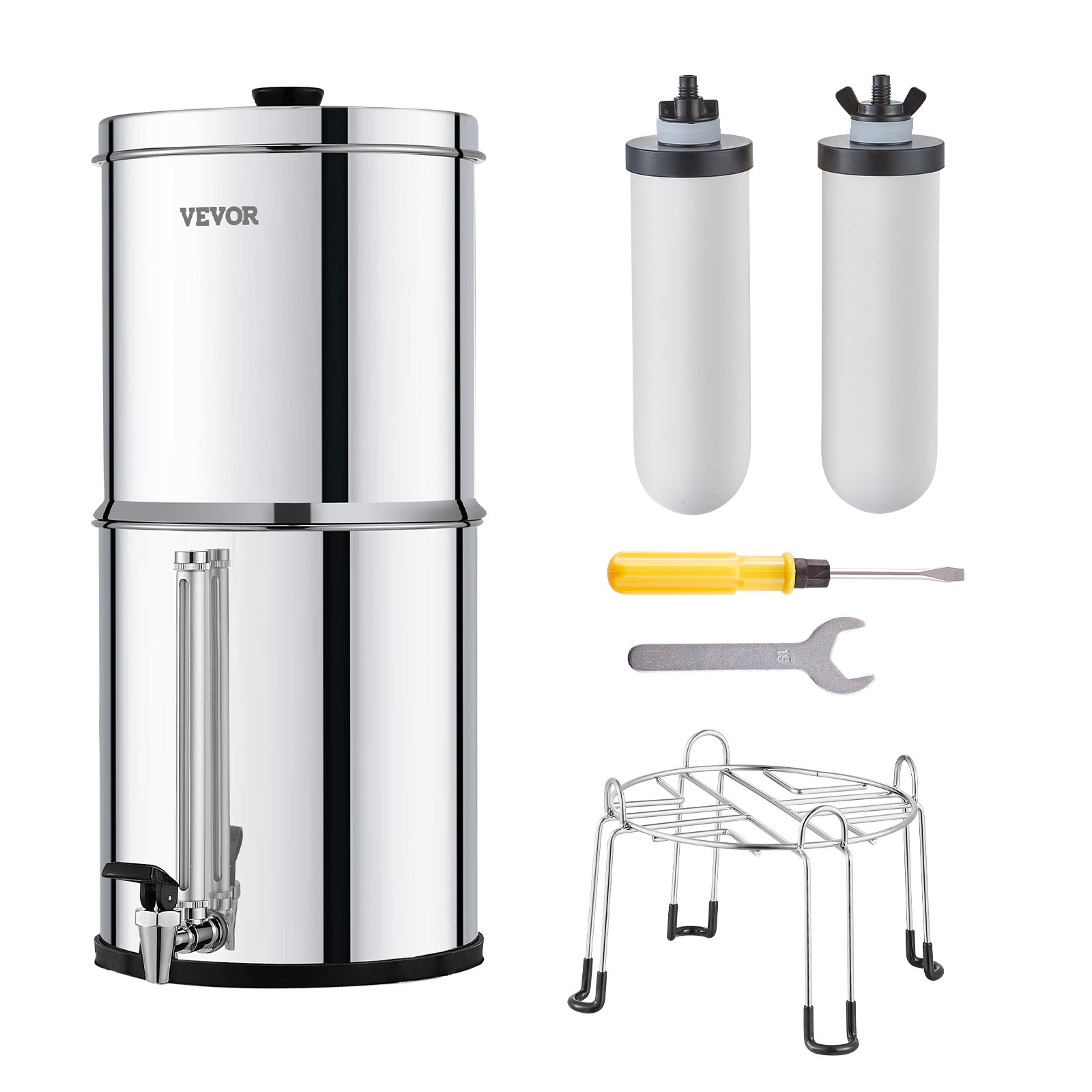 VEVOR Sistema de Filtración de Agua por Gravedad 8,5L Sistema de Encimera Acero Inoxidable Reduce Plomo y hasta 99% de Cloro con Filtros de Carbón y Cerámica Grifo Nivel de Agua Visible para Camping