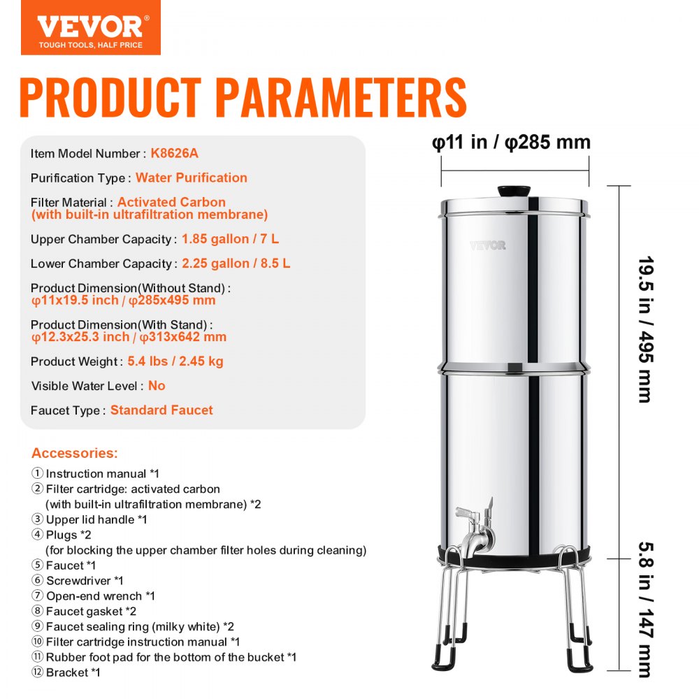 VEVOR Gravity Water Filtration System, 2.25g 304 Stainless Steel Countertop Water Filtration System, Reduces Lead and Up to 99% Chlorine, with 2 Carbon Filters/Tap/Stand, for Home, Camping, RV