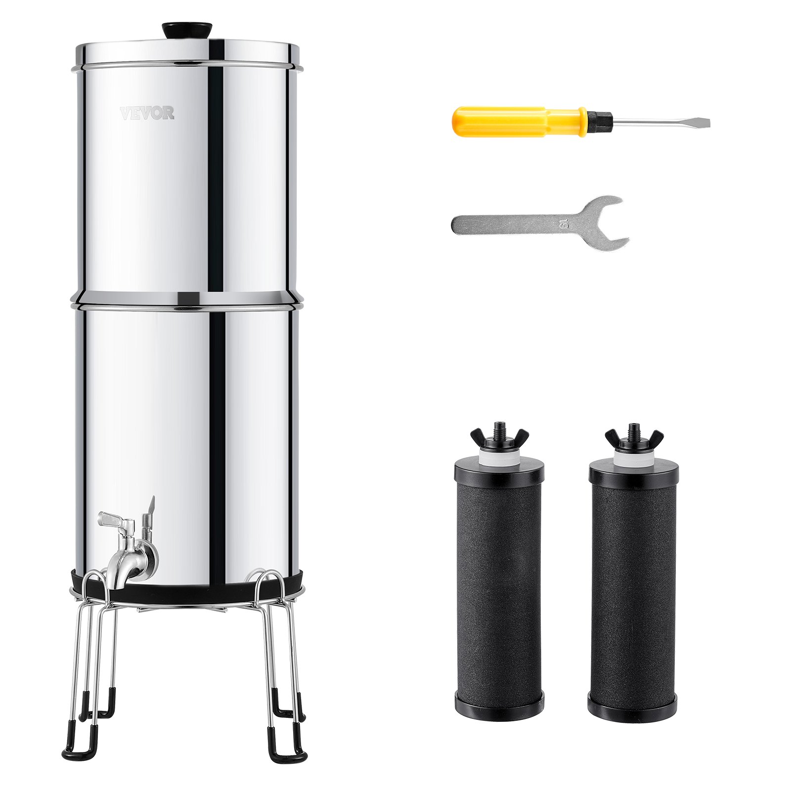 VEVOR Gravity Water Filtration System, 2.25g 304 Stainless Steel Countertop Water Filtration System, Reduces Lead and Up to 99% Chlorine, with 2 Carbon Filters/Tap/Stand, for Home, Camping, RV