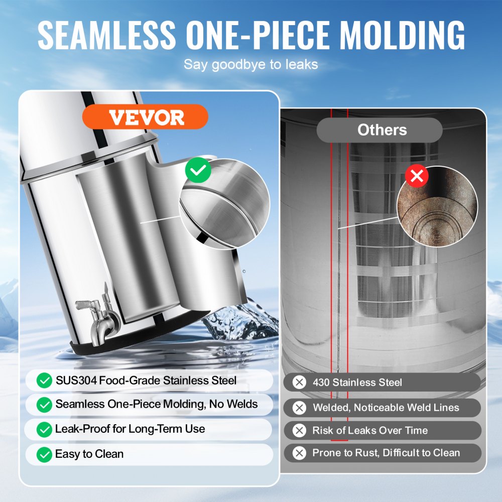 VEVOR Sistema de Filtración de Agua por Gravedad 8,5 L Acero Inoxidable 304 Filtro de Agua por Gravedad Reducción de Plomo y hasta 99% de Cloro con Filtros de Carbón y Cerámica, Grifo y Soporte