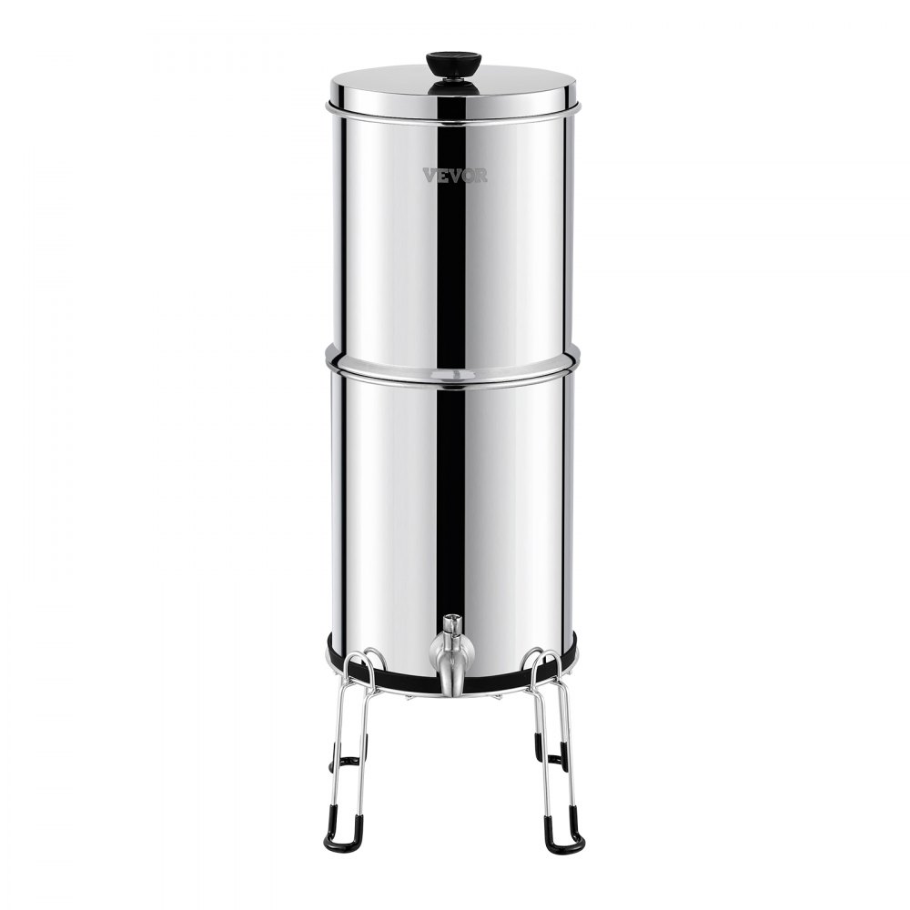 VEVOR Sistema de Filtración de Agua por Gravedad 8,5 L Acero Inoxidable 304 Filtro de Agua por Gravedad Reducción de Plomo y hasta 99% de Cloro con Filtros de Carbón y Cerámica, Grifo y Soporte
