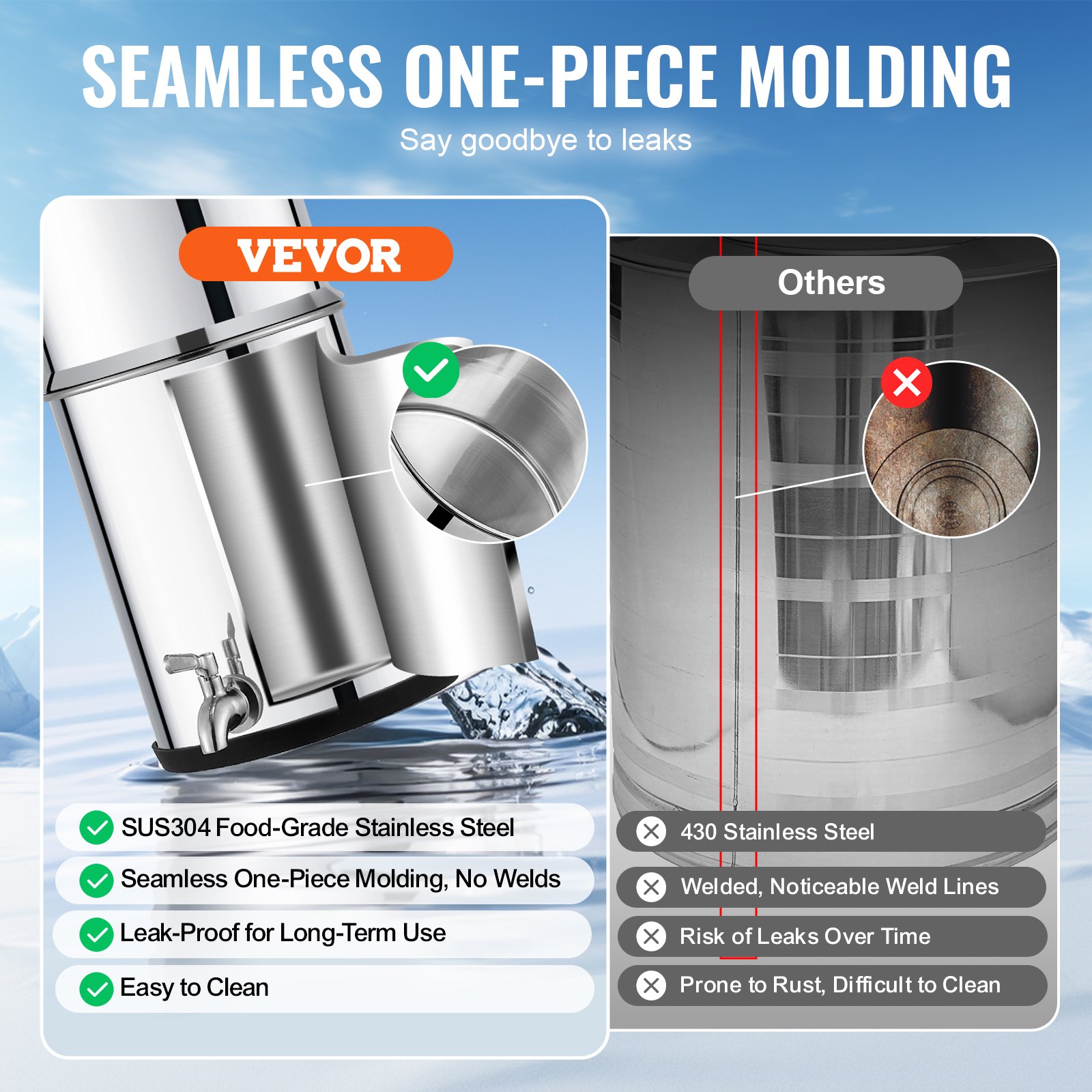 VEVOR Sistema de Filtración de Agua por Gravedad 8,5 L Acero Inoxidable 304 Filtro de Agua por Gravedad Reducción de Plomo y hasta 99% de Cloro con Filtros de Carbón y Cerámica, Grifo y Soporte