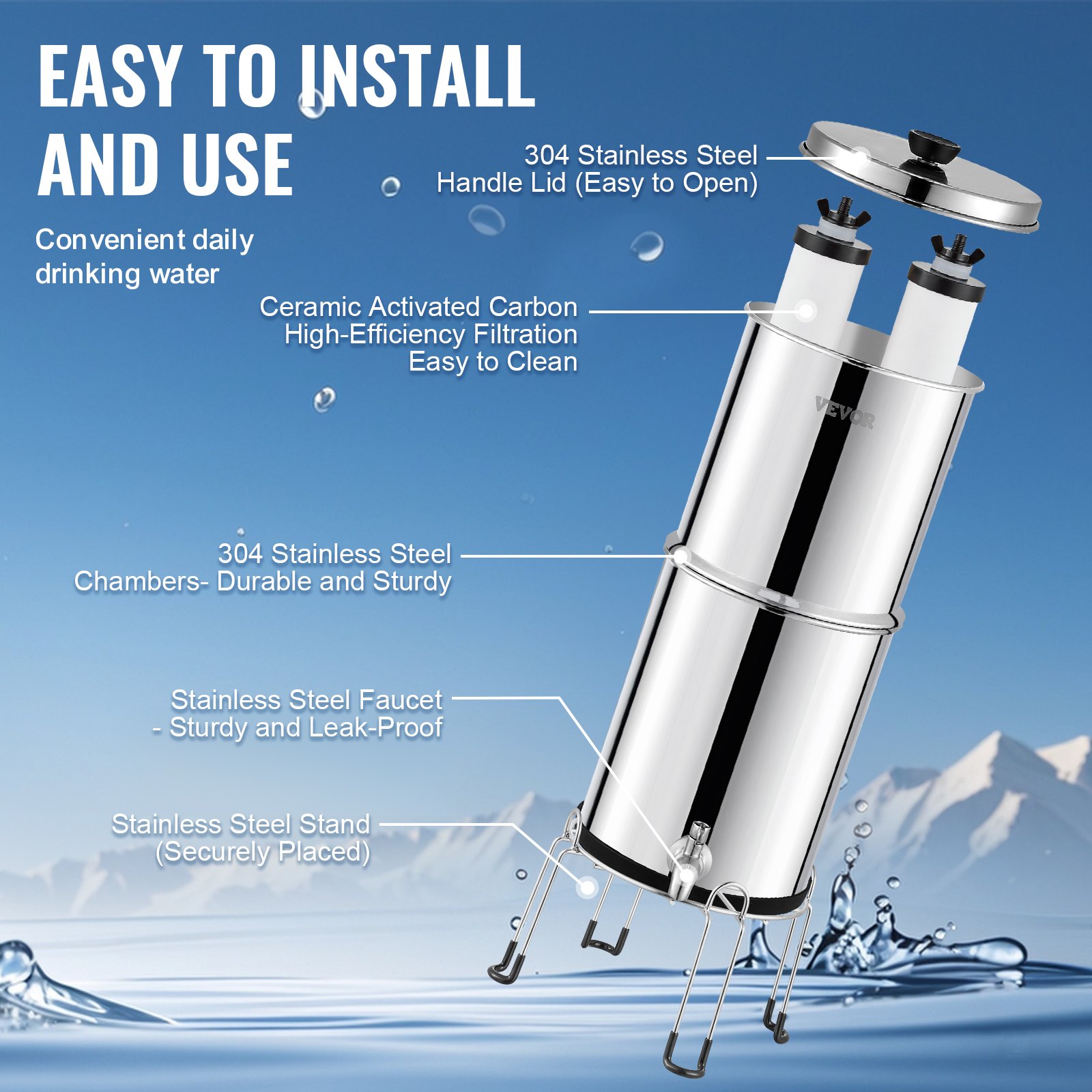 VEVOR Sistema de Filtración de Agua por Gravedad 8,5 L Acero Inoxidable 304 Filtro de Agua por Gravedad Reducción de Plomo y hasta 99% de Cloro con Filtros de Carbón y Cerámica, Grifo y Soporte