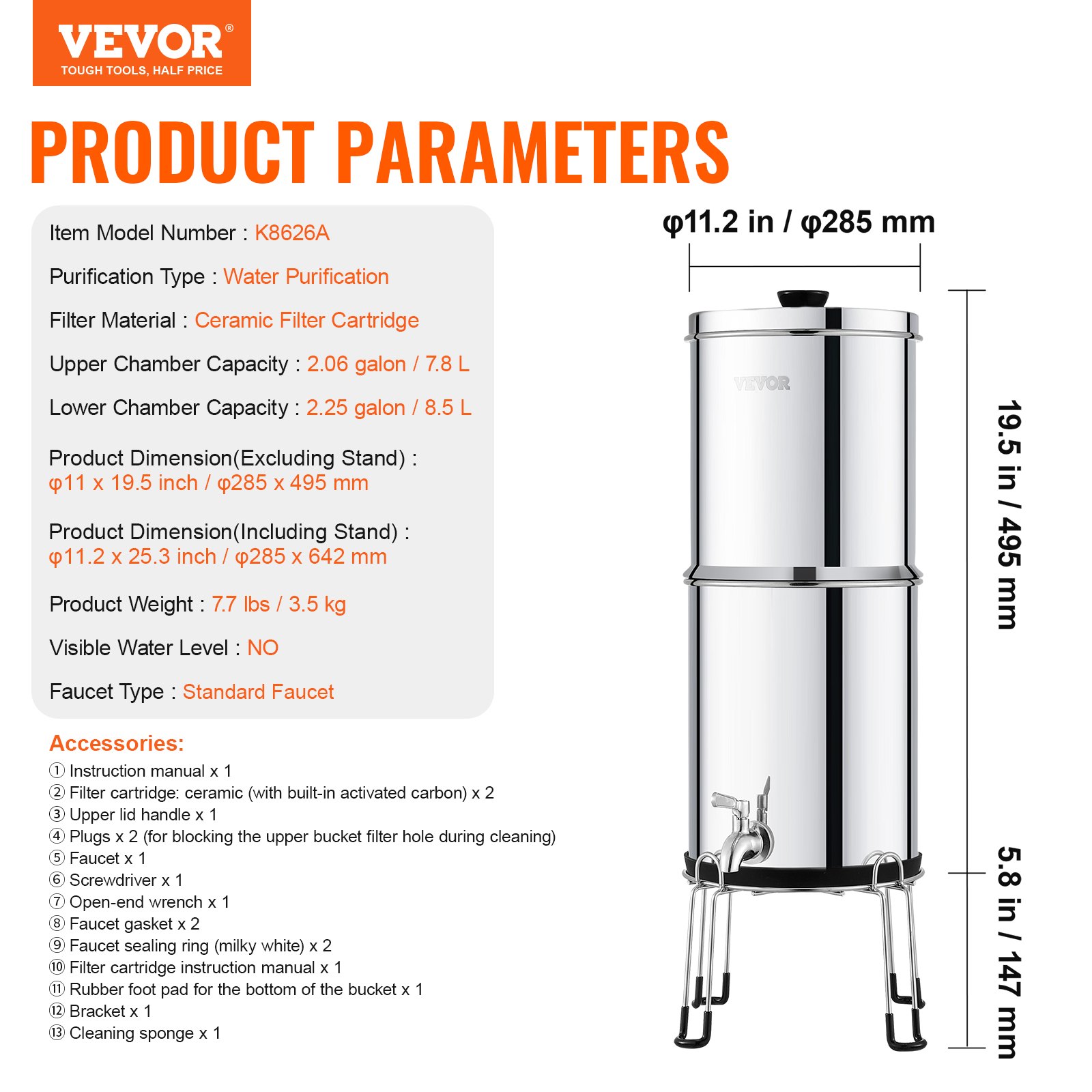VEVOR Sistema de Filtración de Agua por Gravedad 8,5 L Acero Inoxidable 304 Filtro de Agua por Gravedad Reducción de Plomo y hasta 99% de Cloro con Filtros de Carbón y Cerámica, Grifo y Soporte