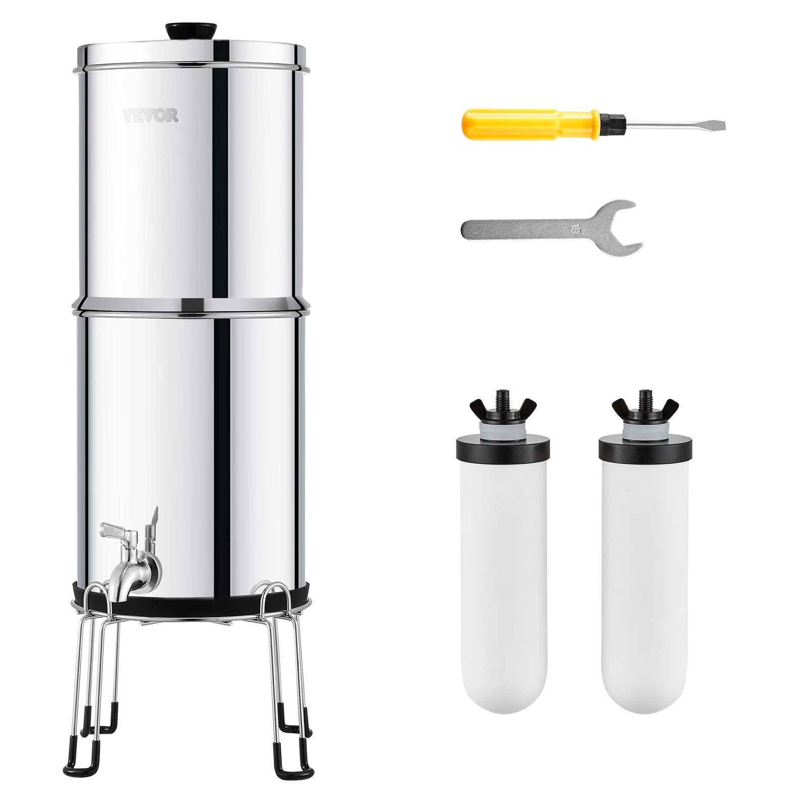 VEVOR Sistema de Filtración de Agua por Gravedad 8,5 L Acero Inoxidable 304 Filtro de Agua por Gravedad Reducción de Plomo y hasta 99% de Cloro con Filtros de Carbón y Cerámica, Grifo y Soporte