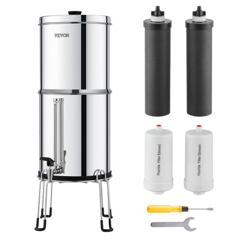 VEVOR Sistema de Filtración de Agua por Gravedad 7,5 L Sistema de Encimera Acero Inoxidable Reduce Plomo y hasta 99% de Cloro con 2 Filtros de Carbón Activado, 2 Filtros de Desfluoración, Grifo