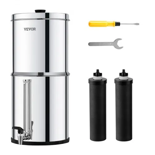 VEVOR Sistema de Filtración de Agua por Gravedad 8,5 L Sistema de Encimera Acero Inoxidable Reduce Plomo y hasta 99% de Cloro con 2 Filtros de Carbón y Grifo Nivel de Agua Visible para Camping