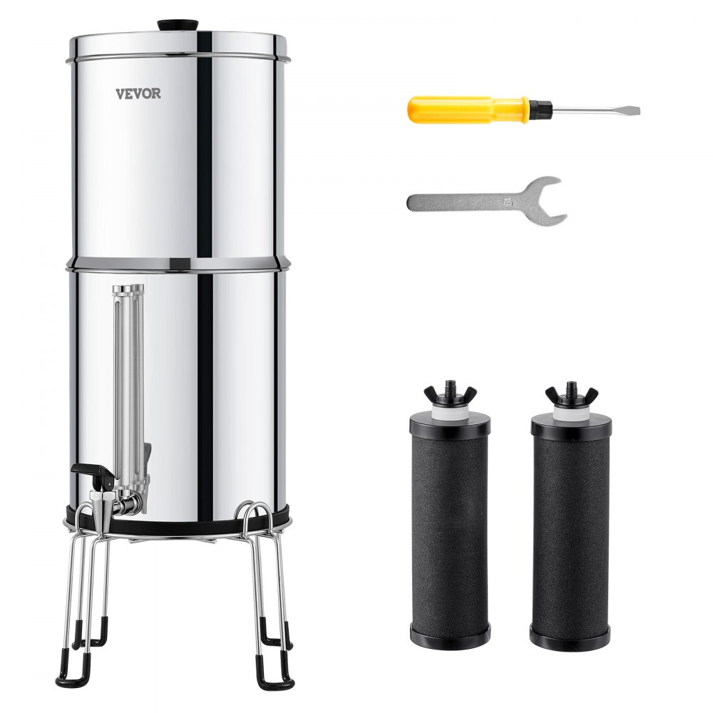 VEVOR Sistema de Filtración de Agua por Gravedad 8,5L Sistema de Encimera Acero Inoxidable Reduce Plomo y hasta 99% de Cloro con 2 Filtros de Carbón Membrana de Ultrafiltración Nivel de Agua Visible