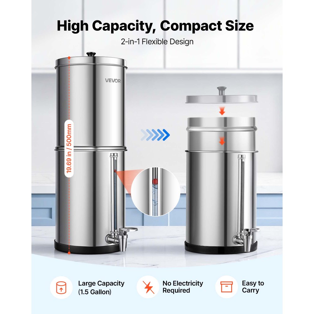 VEVOR Sistema de Filtración de Agua por Gravedad 5,68 L Nivel Visible, De Acero Inoxidable, Reduce Plomo y Hasta 99% del Cloro, Con 2 Filtros de Carbón, Con Grifo y Soporte, Para Hogar, Camping