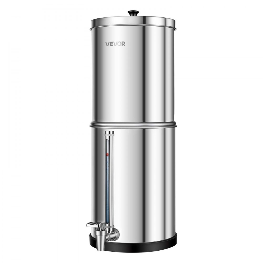 VEVOR Sistema de Filtración de Agua por Gravedad 5,68 L Nivel Visible, De Acero Inoxidable, Reduce Plomo y Hasta 99% del Cloro, Con 2 Filtros de Carbón, Con Grifo y Soporte, Para Hogar, Camping