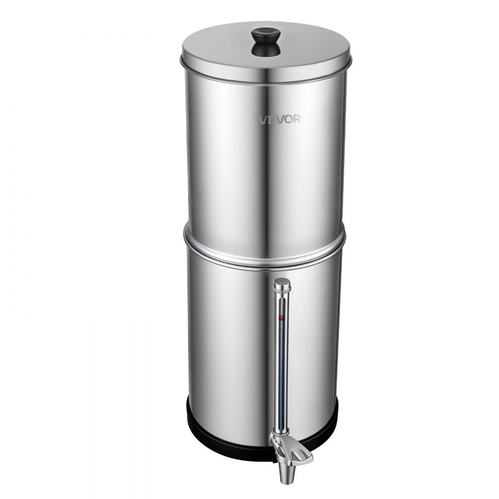 VEVOR Sistema de Filtración de Agua por Gravedad 5,68 L Nivel Visible, De Acero Inoxidable, Reduce Plomo y Hasta 99% del Cloro, Con 2 Filtros de Carbón, Con Grifo y Soporte, Para Hogar, Camping