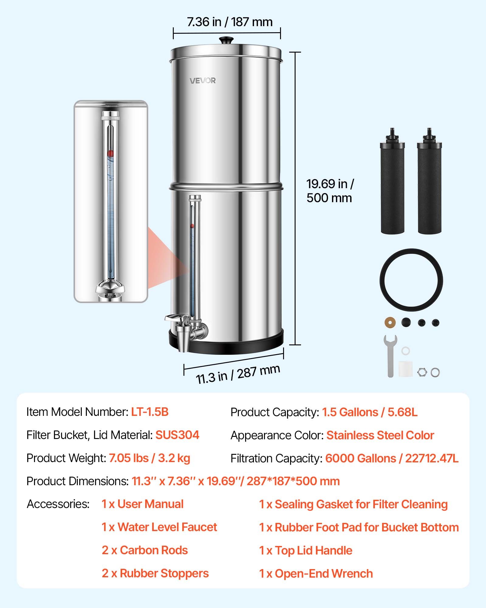 VEVOR Sistema de Filtración de Agua por Gravedad 5,68 L Nivel Visible, De Acero Inoxidable, Reduce Plomo y Hasta 99% del Cloro, Con 2 Filtros de Carbón, Con Grifo y Soporte, Para Hogar, Camping