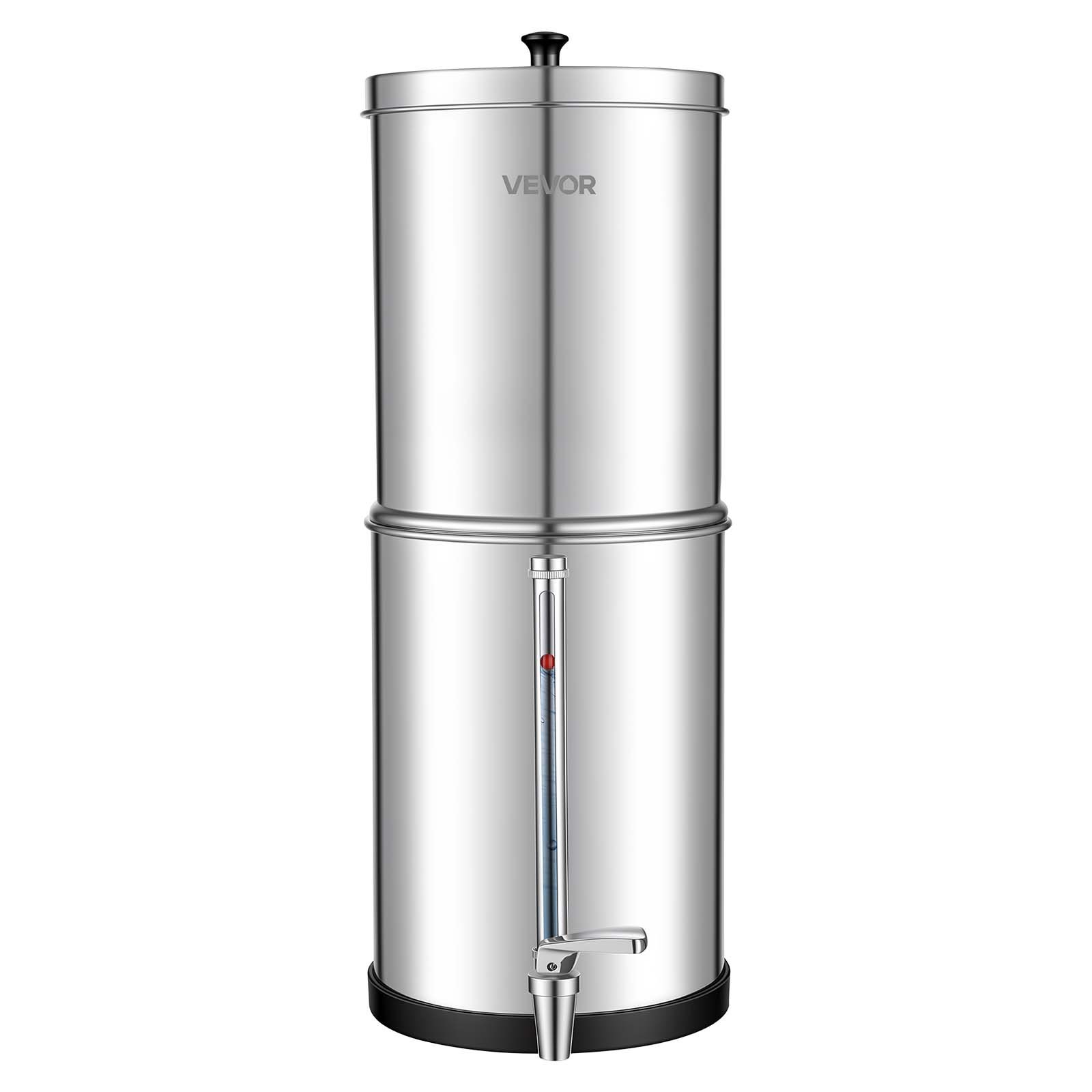 VEVOR Sistema de Filtración de Agua por Gravedad 5,68 L Nivel Visible, De Acero Inoxidable, Reduce Plomo y Hasta 99% del Cloro, Con 2 Filtros de Carbón, Con Grifo y Soporte, Para Hogar, Camping