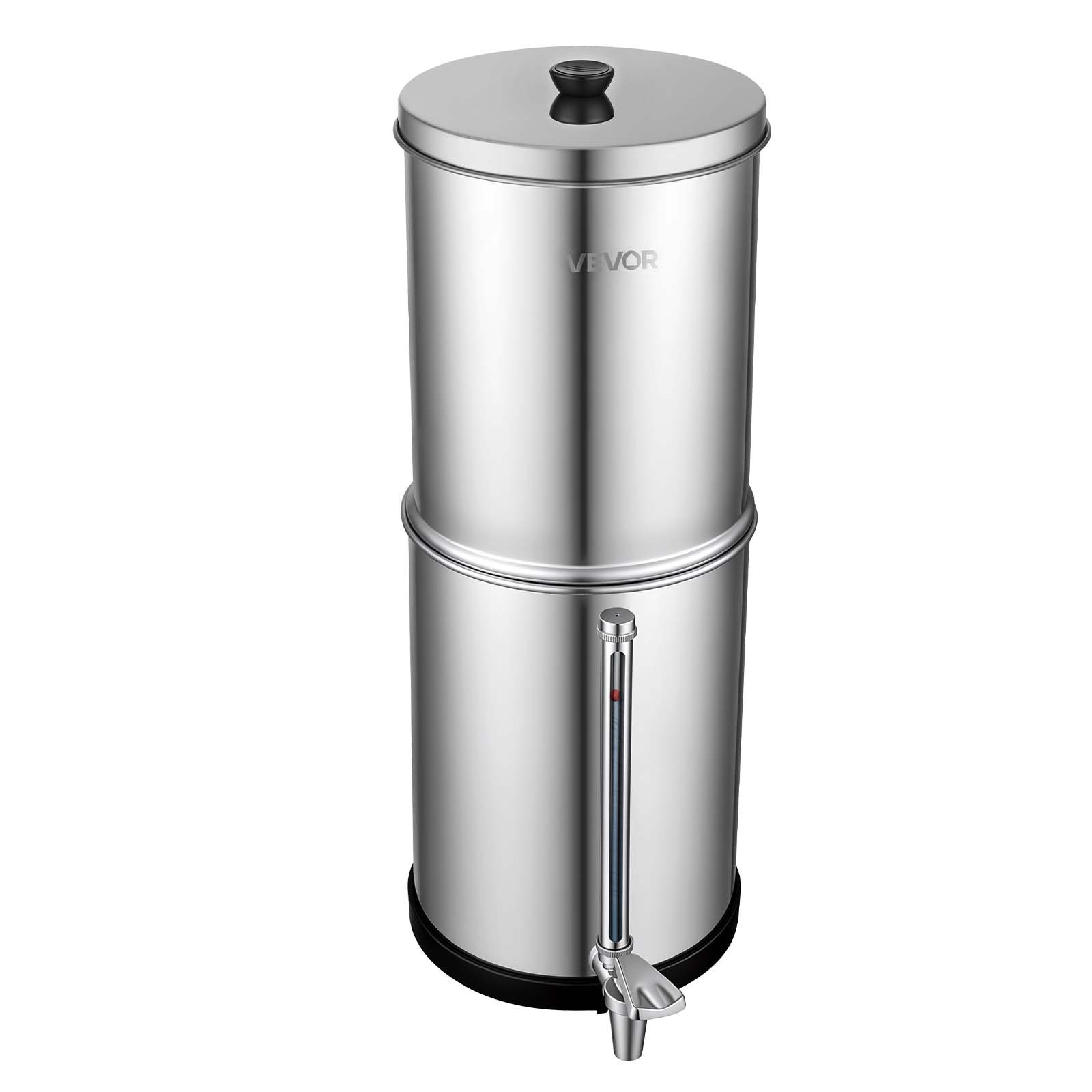 VEVOR Sistema de Filtración de Agua por Gravedad 5,68 L Nivel Visible, De Acero Inoxidable, Reduce Plomo y Hasta 99% del Cloro, Con 2 Filtros de Carbón, Con Grifo y Soporte, Para Hogar, Camping