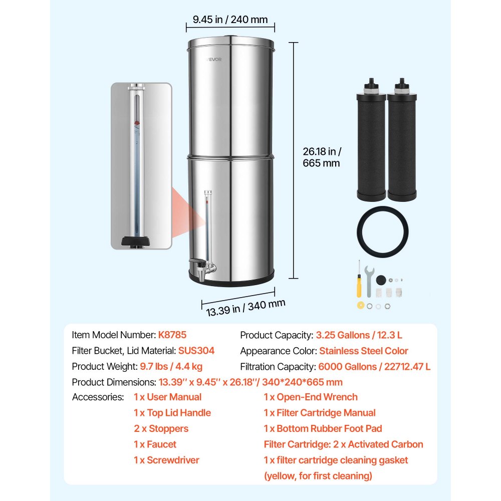 VEVOR Sistema de Filtración de Agua por Gravedad 12,3 L Nivel Visible, De Acero Inoxidable, Reduce Plomo y Hasta 99% del Cloro, Con 2 Filtros de Carbón, Con Grifo y Soporte, Para Hogar, Camping