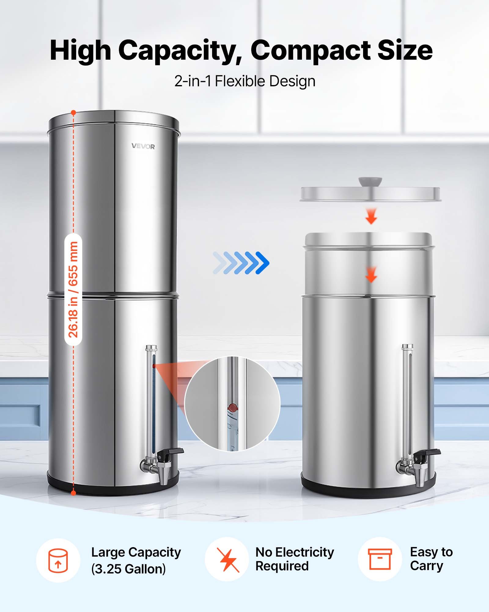 VEVOR Sistema de Filtración de Agua por Gravedad 12,3 L Nivel Visible, De Acero Inoxidable, Reduce Plomo y Hasta 99% del Cloro, Con 2 Filtros de Carbón, Con Grifo y Soporte, Para Hogar, Camping