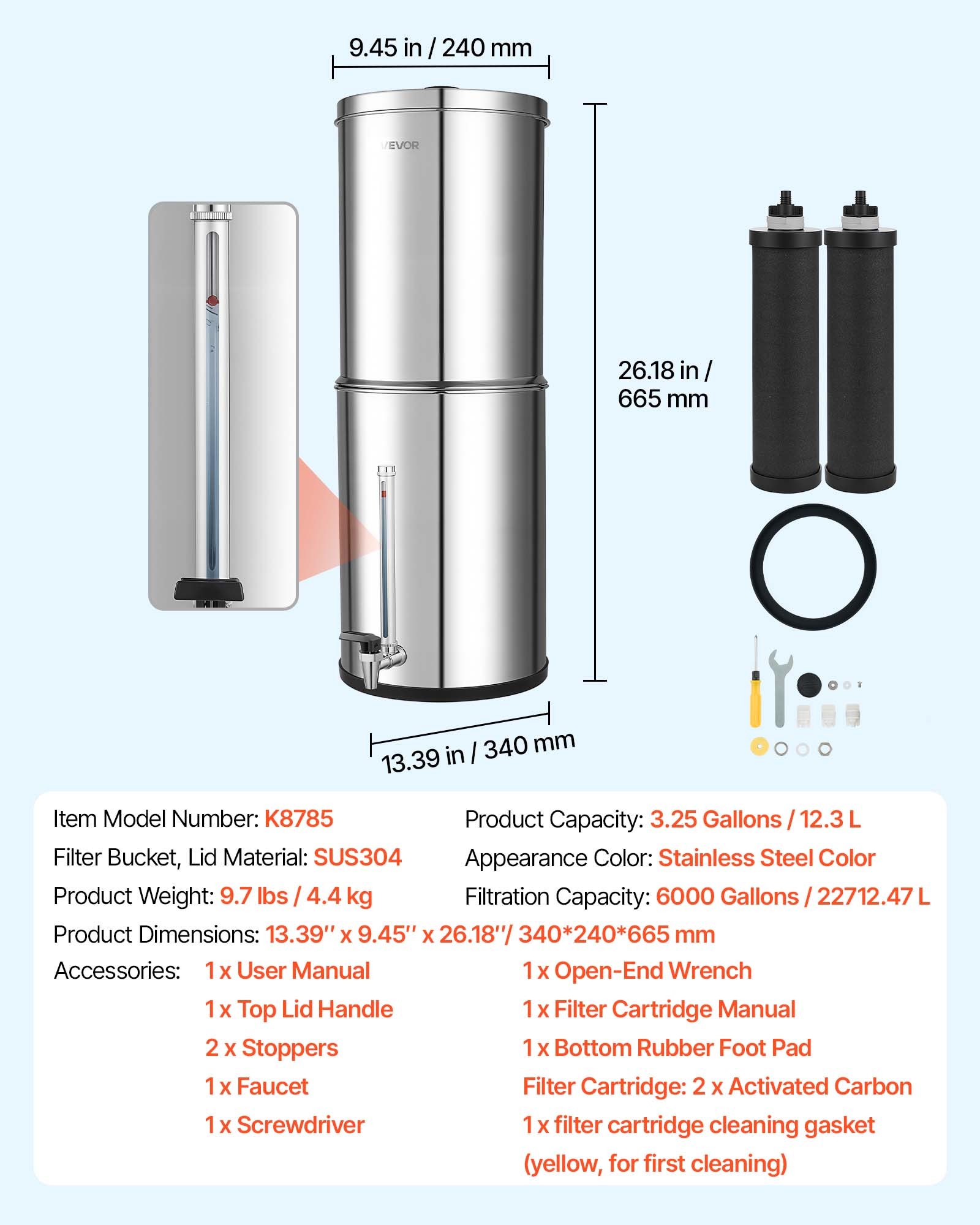 VEVOR Sistema de Filtración de Agua por Gravedad 12,3 L Nivel Visible, De Acero Inoxidable, Reduce Plomo y Hasta 99% del Cloro, Con 2 Filtros de Carbón, Con Grifo y Soporte, Para Hogar, Camping