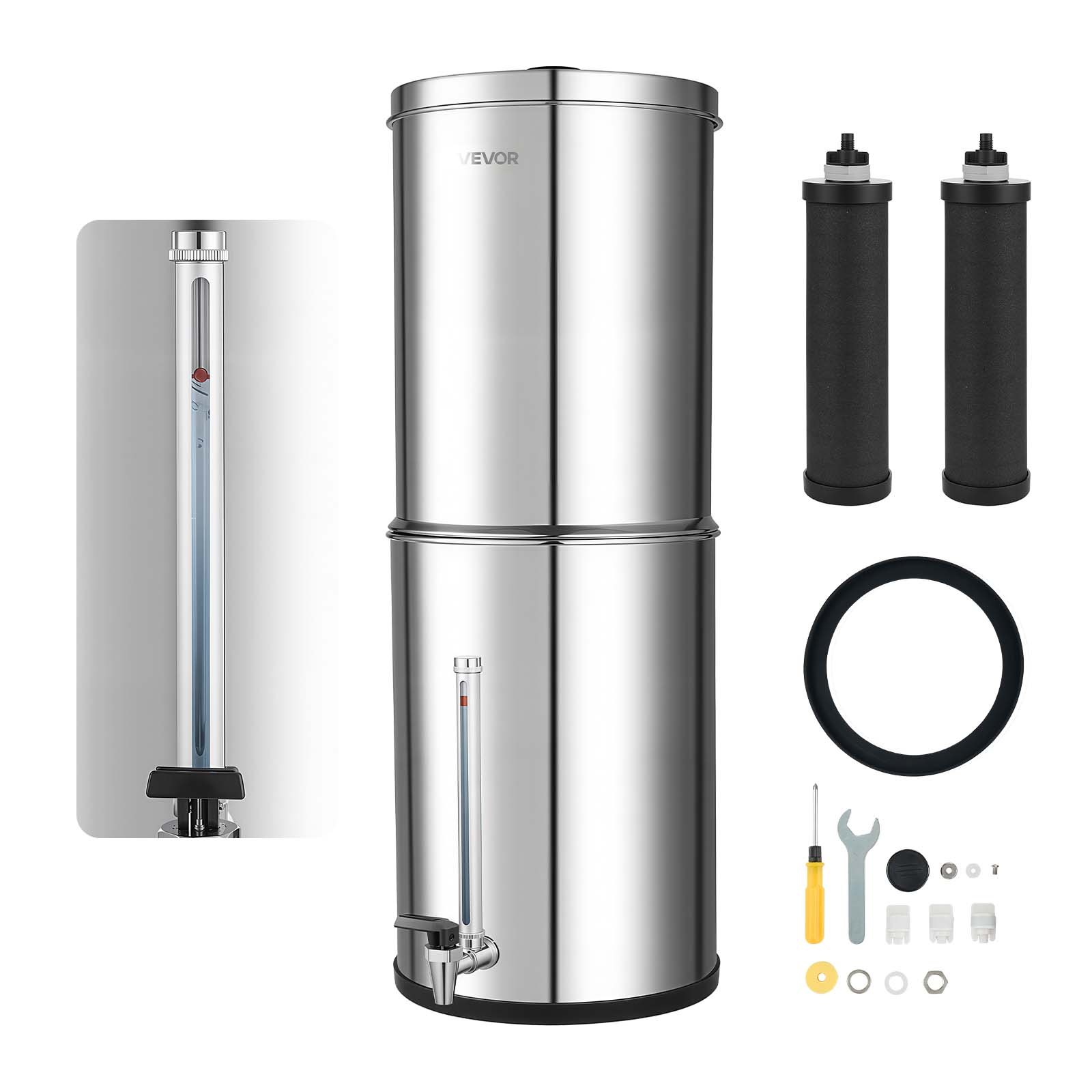 VEVOR Sistema de Filtración de Agua por Gravedad 12,3 L Nivel Visible, De Acero Inoxidable, Reduce Plomo y Hasta 99% del Cloro, Con 2 Filtros de Carbón, Con Grifo y Soporte, Para Hogar, Camping