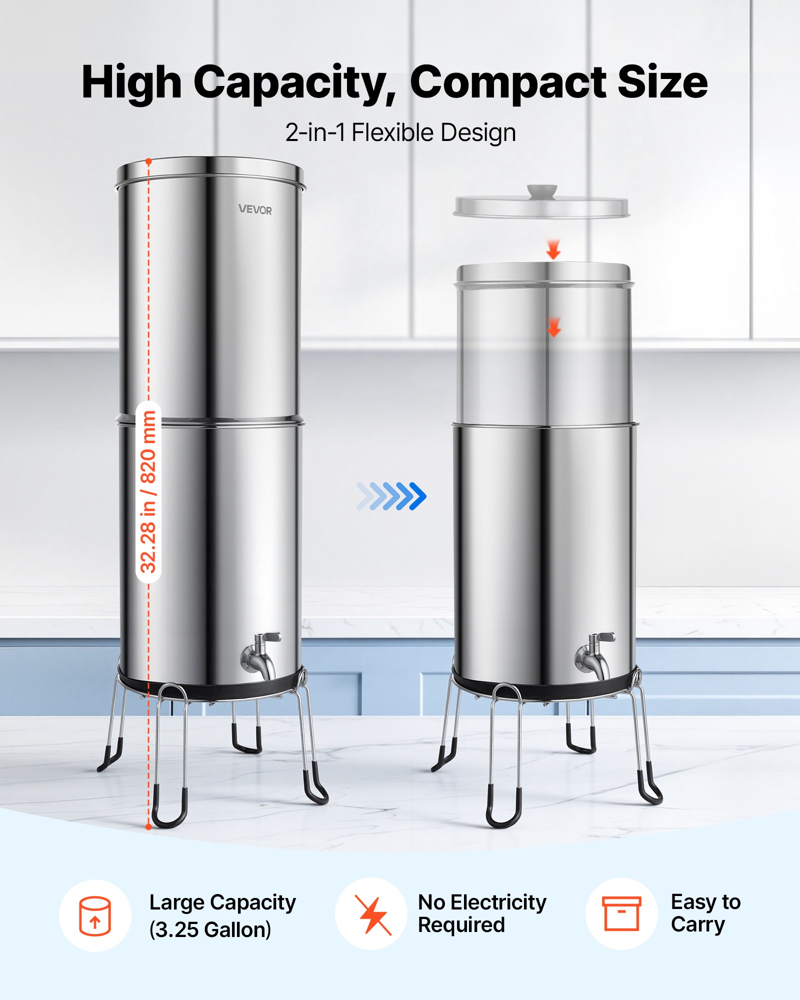 VEVOR Sistema de Filtración de Agua por Gravedad 12,3 L Acero Inoxidable, Reduce el Plomo y Hasta 99 % del Cloro, Con 2 Filtros de Carbón y 2 Filtros Desfluorantes, Con Grifo y Soporte, Para Encimera