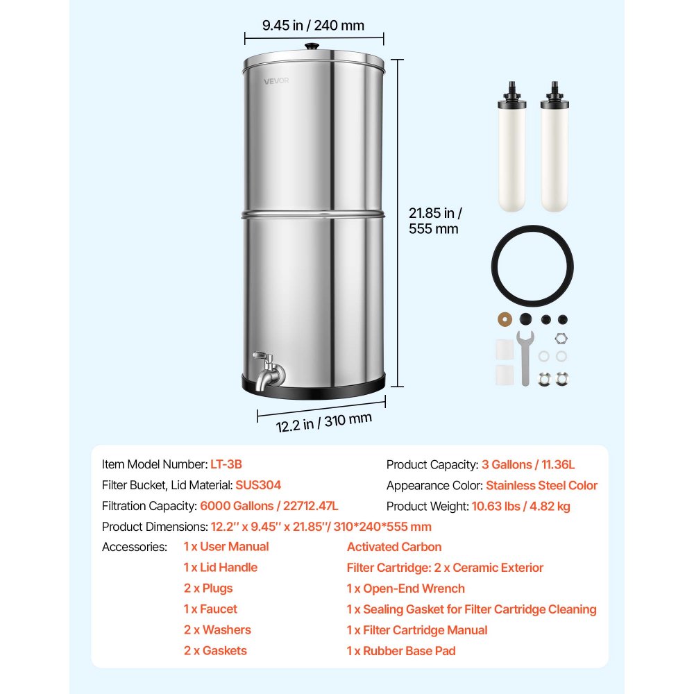 VEVOR Sistema de Filtración de Agua por Gravedad 11,36 L Acero Inoxidable, Reduce el Plomo y Hasta el 99 % del Cloro, Con 2 Filtros de Carbón Cerámico, Con Grifo, Para Encimera, Para Hogar, Camping