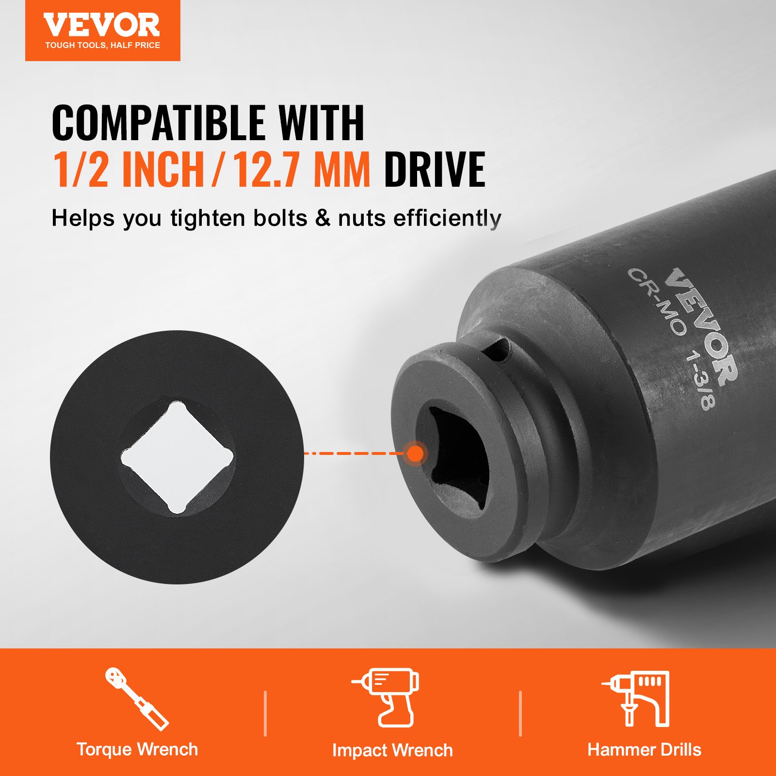 VEVOR Axle Nut Impact Socket Set, 12.7 mm Drive, Deep 12-Point Socket Set, 8-Piece, Metric, CR-MO Socket Set with Storage Case, Car Repair, Black