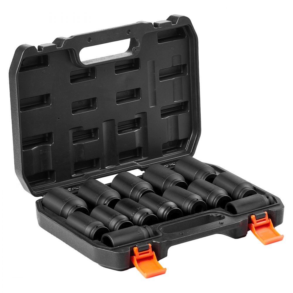 VEVOR 14 PCS Kit de Dados de Impacto de Tuercas de Eje con Estuche de Almacenamiento Kit de Dados para Tuercas de Eje Métricos de 6+12 Puntas con Impulsión de 12,7 mm para Reparación de Automóviles