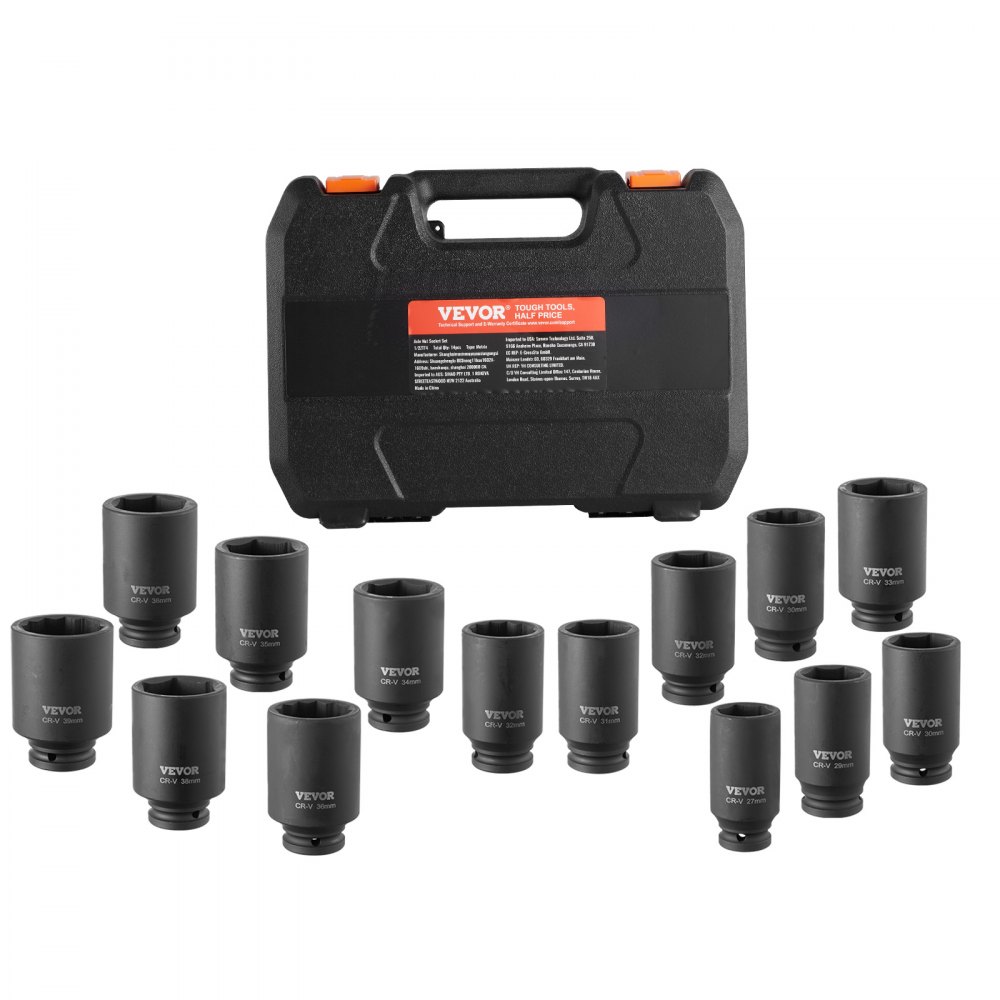 VEVOR 14 PCS Kit de Dados de Impacto de Tuercas de Eje con Estuche de Almacenamiento Kit de Dados para Tuercas de Eje Métricos de 6+12 Puntas con Impulsión de 12,7 mm para Reparación de Automóviles