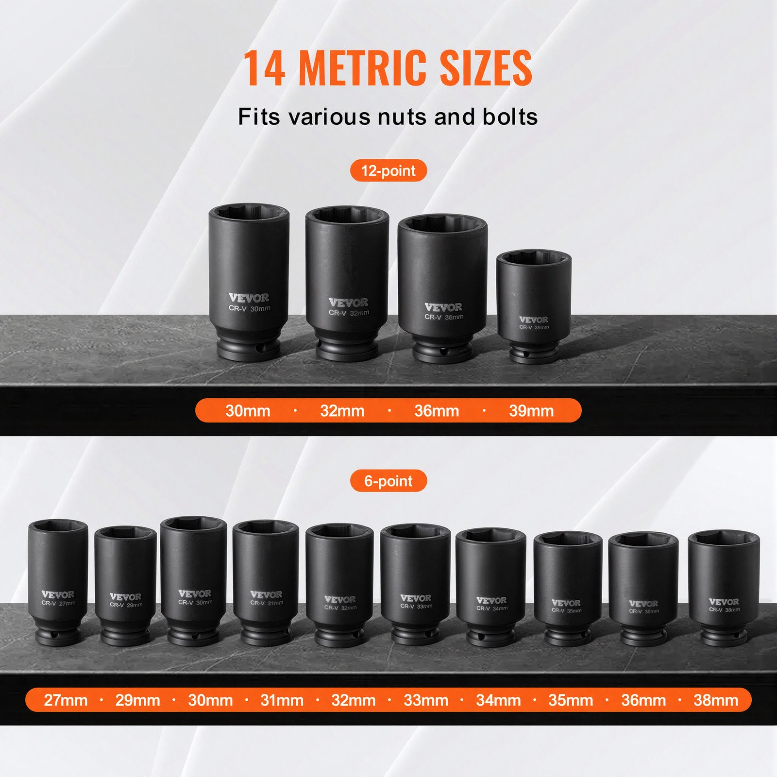 VEVOR 14 PCS Kit de Dados de Impacto de Tuercas de Eje con Estuche de Almacenamiento Kit de Dados para Tuercas de Eje Métricos de 6+12 Puntas con Impulsión de 12,7 mm para Reparación de Automóviles