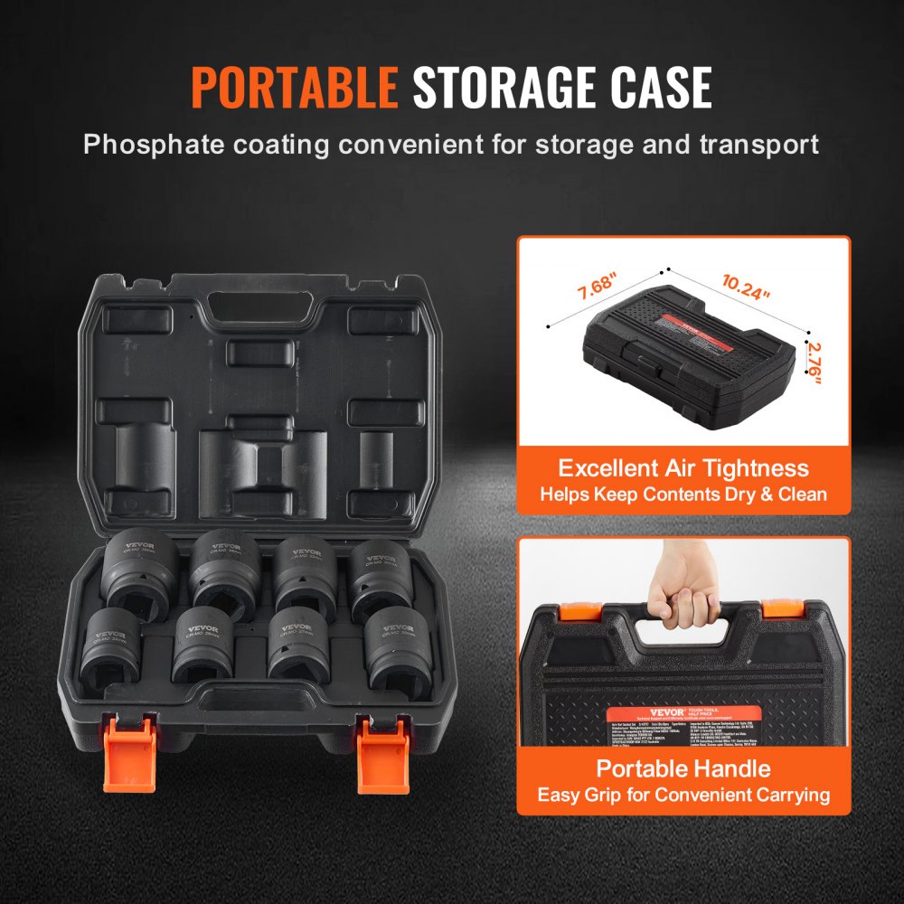 VEVOR Axle Nut Impact Socket Set, 19.05 mm Drive, 6-Point, 8-Piece, Metric, Spindle Nut Socket Set, CR-MO Steel Socket Set with Storage Case for Car Repair