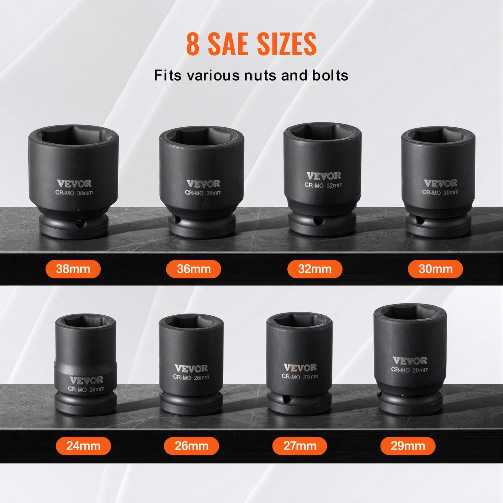VEVOR 8 PCS Juego de Dados de Impacto para Tuercas de Eje Métricos de 6 Puntas con Impulsión de 19,05 mm con Estuche de Almacenamiento para Reparación de Automóviles, Extracción o Instalación, Negro