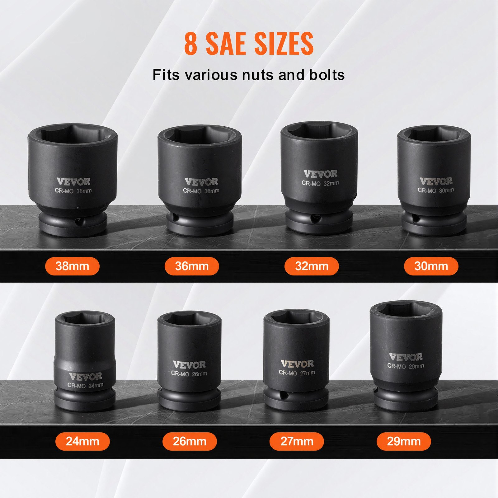 VEVOR 8 PCS Juego de Dados de Impacto para Tuercas de Eje Métricos de 6 Puntas con Impulsión de 19,05 mm con Estuche de Almacenamiento para Reparación de Automóviles, Extracción o Instalación, Negro