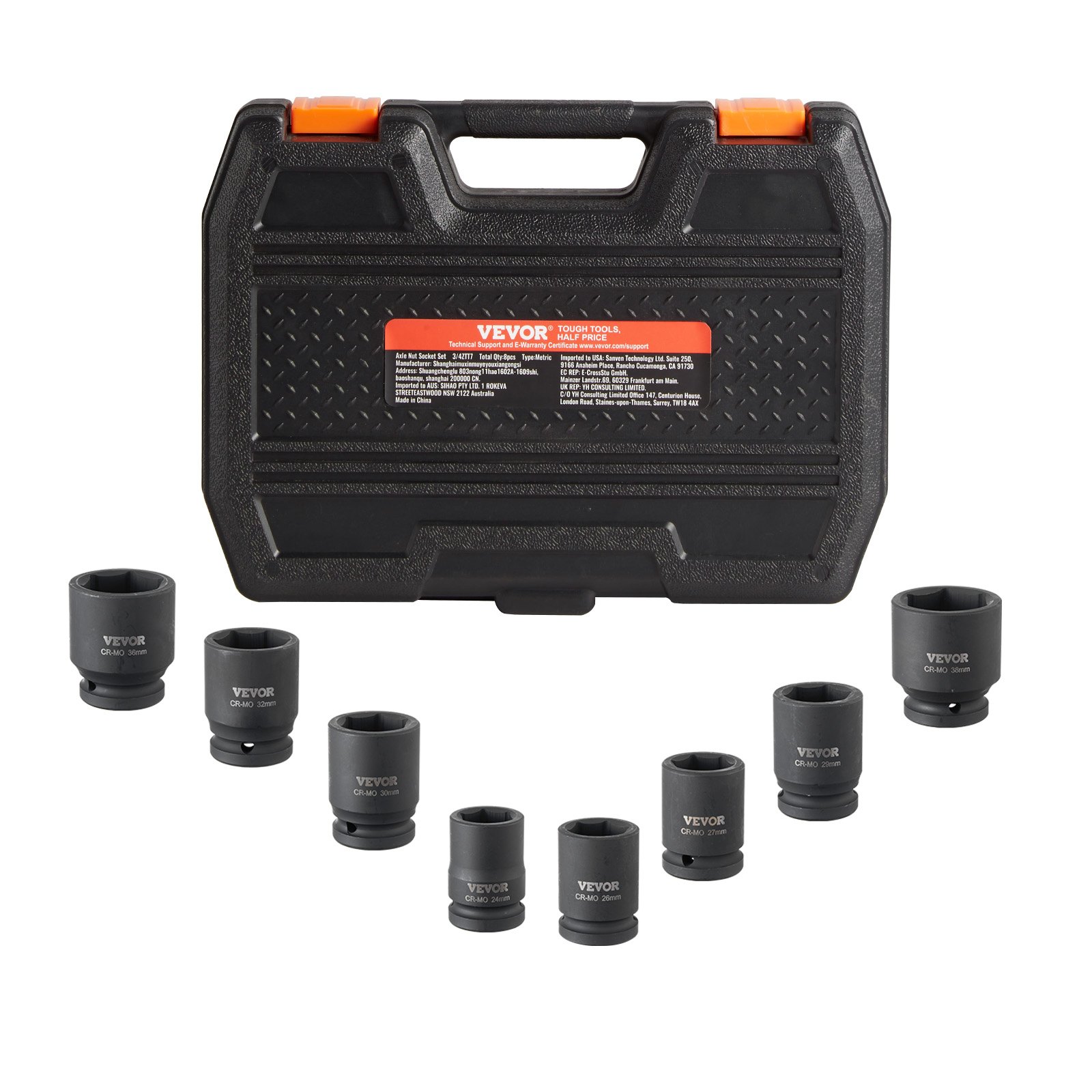 VEVOR 8 PCS Juego de Dados de Impacto para Tuercas de Eje Métricos de 6 Puntas con Impulsión de 19,05 mm con Estuche de Almacenamiento para Reparación de Automóviles, Extracción o Instalación, Negro