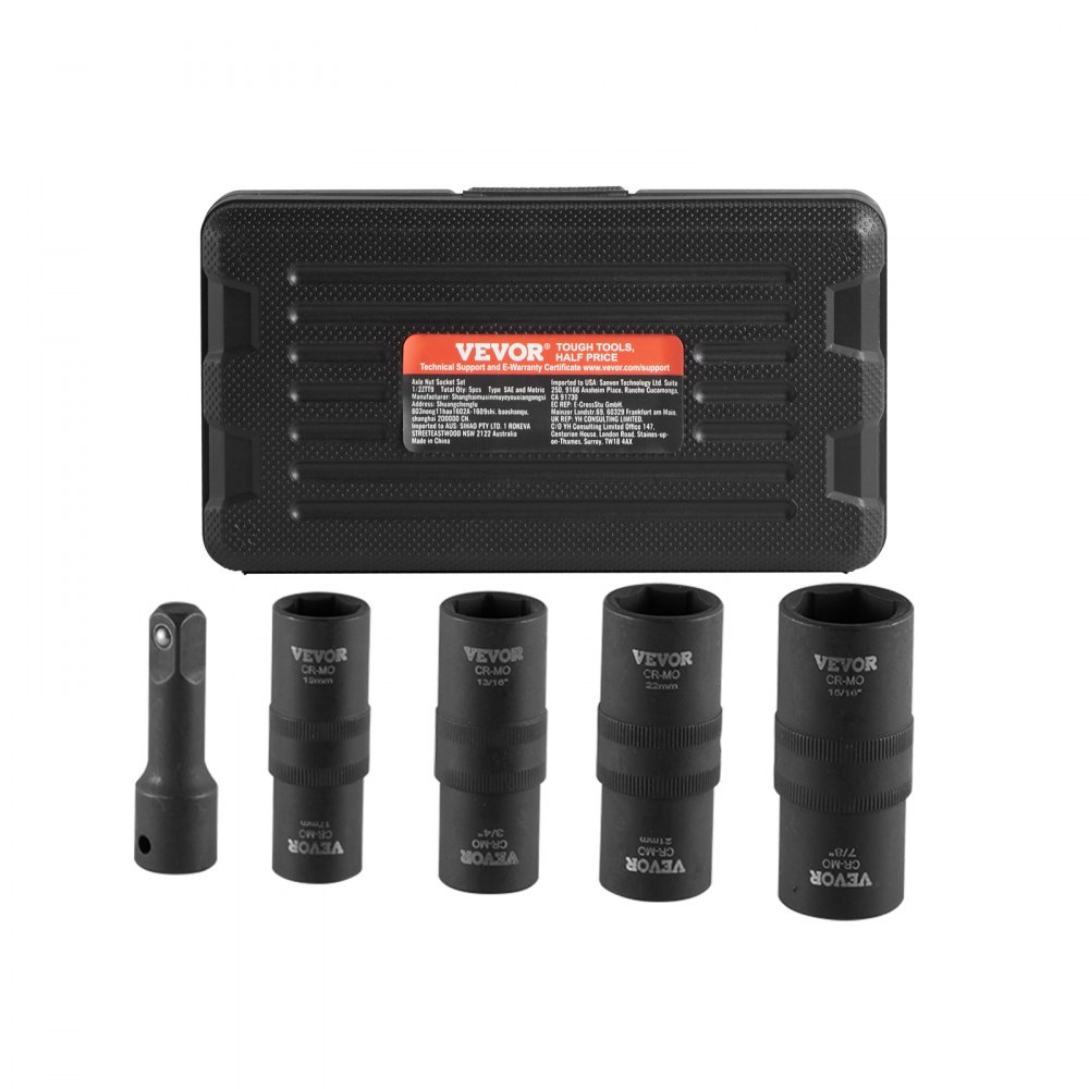 VEVOR Juego de Dados de Impacto para Tuercas de Rueda con Estuche de Almacenamiento y Barra de Extensión, Juego de Dados de 12,7 mm con Sistema Métrico y SAE de 6 Puntas, 4 Tamaños de Tuercas