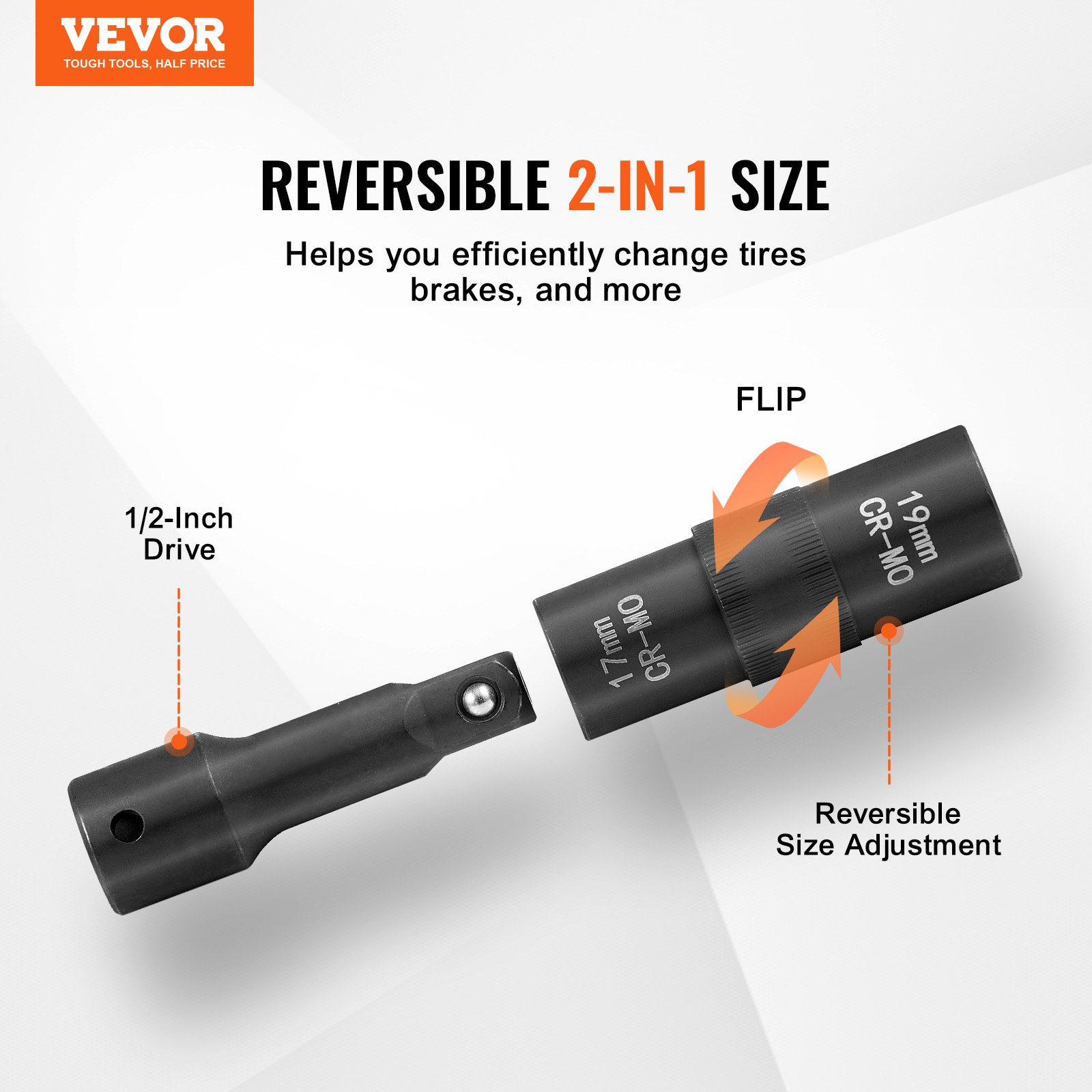 VEVOR Juego de Dados de Impacto para Tuercas de Rueda con Estuche de Almacenamiento y Barra de Extensión, Juego de Dados de 12,7 mm con Sistema Métrico y SAE de 6 Puntas, 4 Tamaños de Tuercas