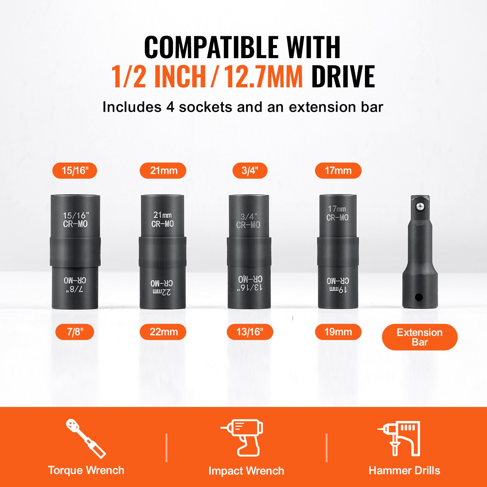 VEVOR Juego de Dados de Impacto para Tuercas de Rueda con Estuche de Almacenamiento y Barra de Extensión, Juego de Dados de 12,7 mm con Sistema Métrico y SAE de 6 Puntas, 4 Tamaños de Tuercas