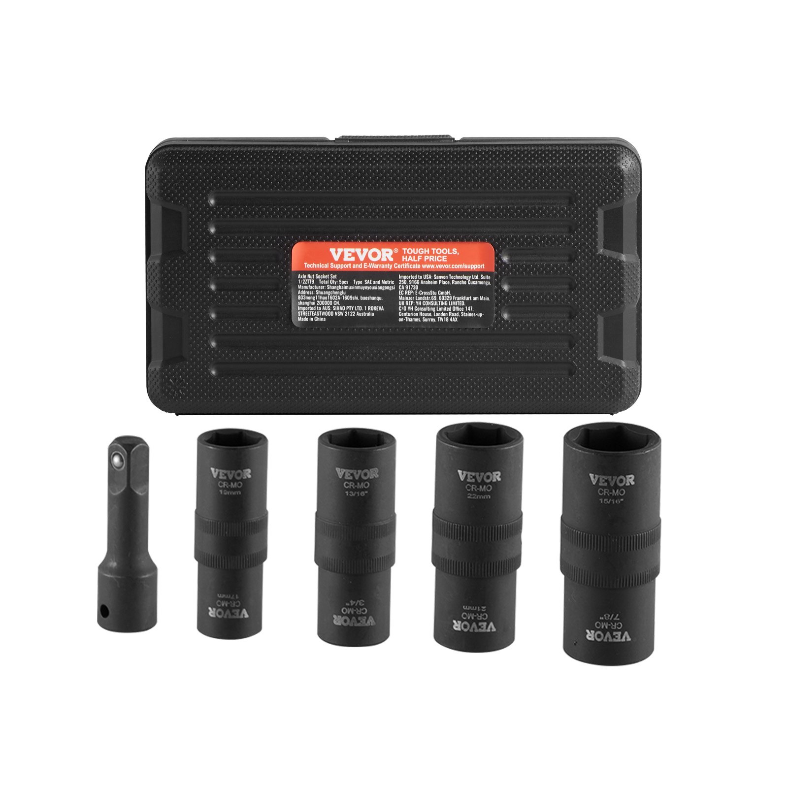 VEVOR Juego de Dados de Impacto para Tuercas de Rueda con Estuche de Almacenamiento y Barra de Extensión, Juego de Dados de 12,7 mm con Sistema Métrico y SAE de 6 Puntas, 4 Tamaños de Tuercas