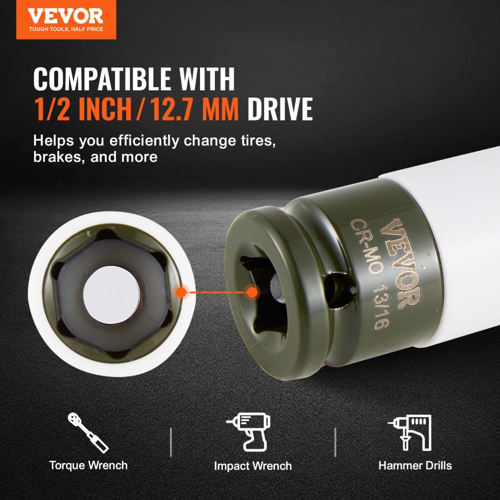 VEVOR Kit de Dados de Impacto para Tuercas de Rueda con Estuche de Almacenamiento y Barra de Extensión Kit de dados Profundos SAE de 6 Puntas y Métricos con Impulsión de 12,7 mm, 8 tamaños de tuercas