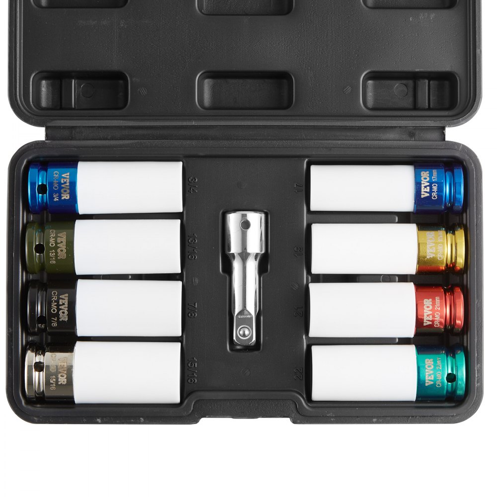 VEVOR Kit de Dados de Impacto para Tuercas de Rueda con Estuche de Almacenamiento y Barra de Extensión Kit de dados Profundos SAE de 6 Puntas y Métricos con Impulsión de 12,7 mm, 8 tamaños de tuercas