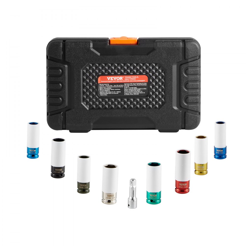 VEVOR Kit de Dados de Impacto para Tuercas de Rueda con Estuche de Almacenamiento y Barra de Extensión Kit de dados Profundos SAE de 6 Puntas y Métricos con Impulsión de 12,7 mm, 8 tamaños de tuercas