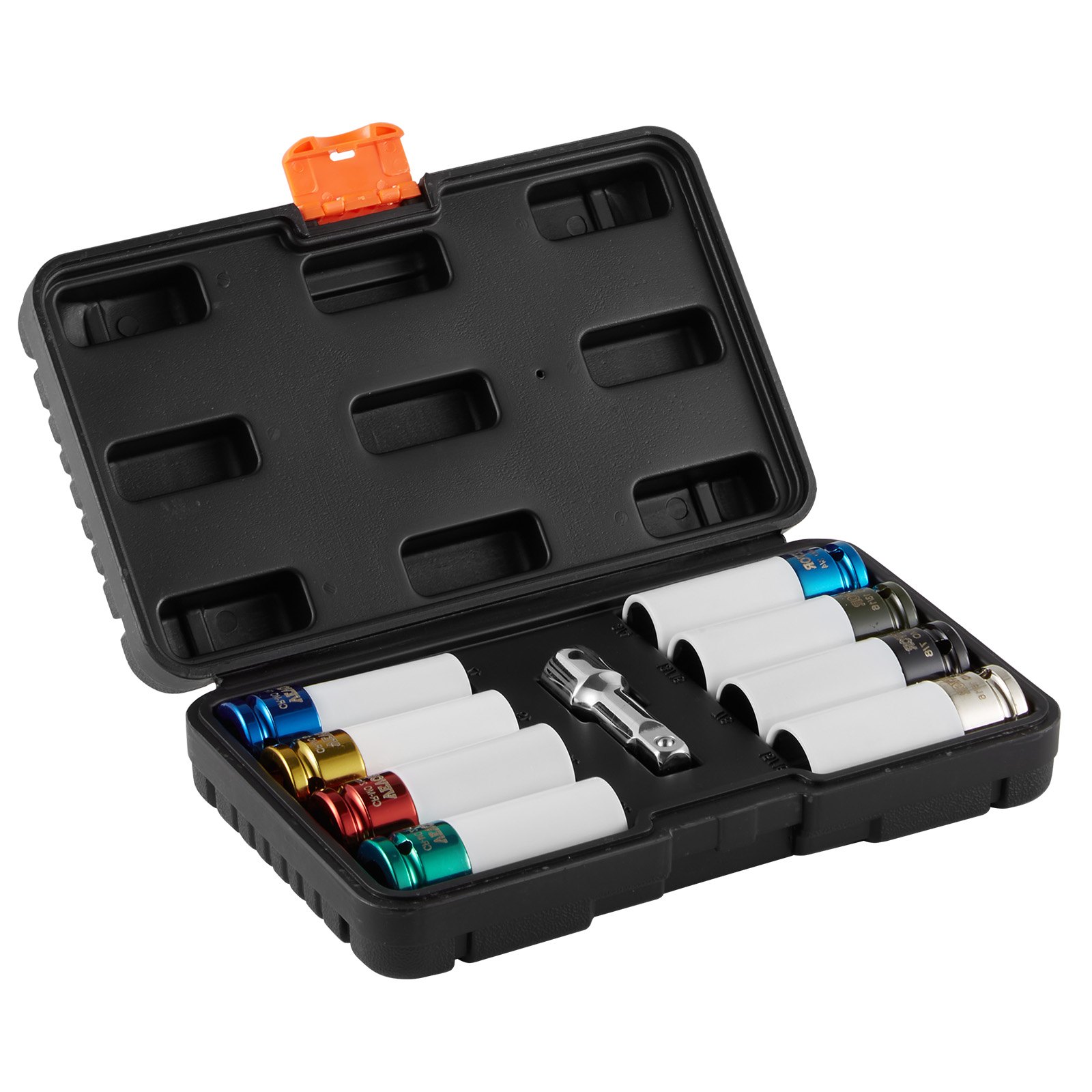 VEVOR Kit de Dados de Impacto para Tuercas de Rueda con Estuche de Almacenamiento y Barra de Extensión Kit de dados Profundos SAE de 6 Puntas y Métricos con Impulsión de 12,7 mm, 8 tamaños de tuercas