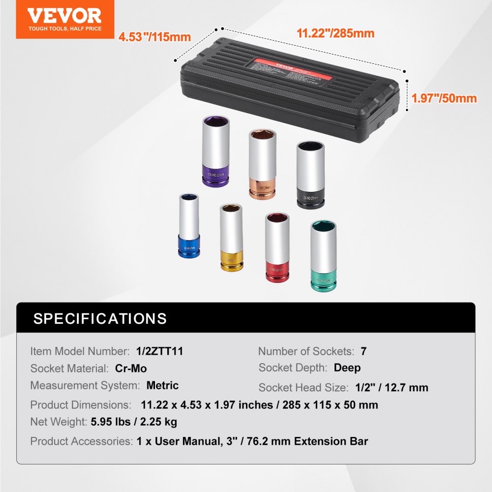 VEVOR Wheel Nut Impact Socket Set, Metric 6-Point Deep Socket Set, 12.7 mm Drive, 7 Wheel Nut Sizes (17/19/21/22/23/24/27 mm), Wheel Nut Socket Set Made of Cr-Mo