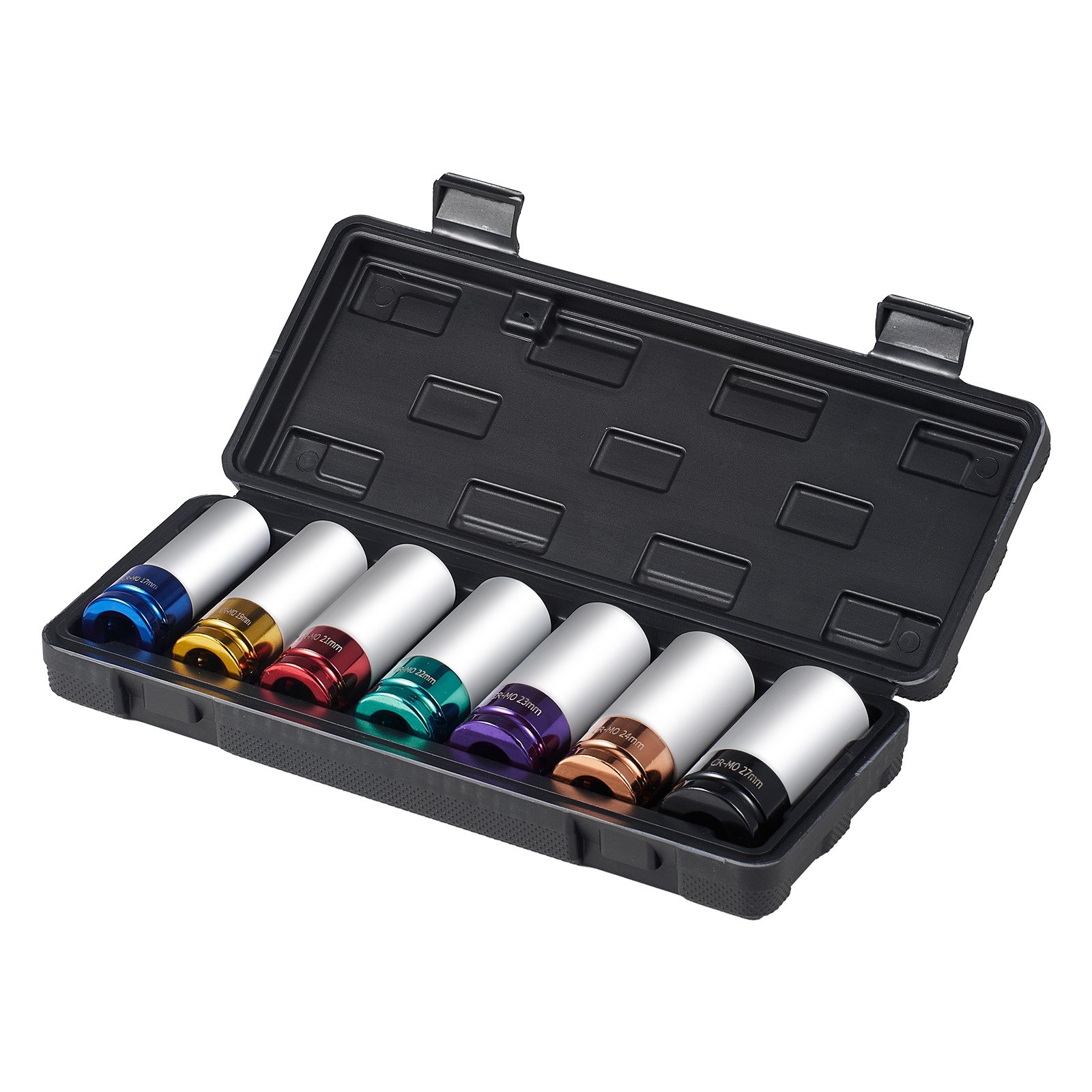 VEVOR Juego de Dados de Impacto para Tuercas de Rueda Kit de Dados Profundos Métricos de 6 Puntas con Impulsión de 12,7 mm, 7 Tamaños de Tuercas 17/19/21/22/23/24/27 mm con Estuche de Almacenamiento