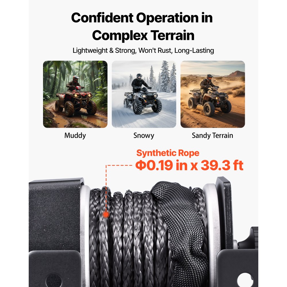VEVOR Cabrestante Eléctrico 12V 1134 kg para ATV con Cuerda Sintética de 4,8 mm x 12 m, Motor 0,9 kW, Control Remoto con Cable, Soporte de Montaje, Guía de Cable y Gancho para Todoterreno Exteriores