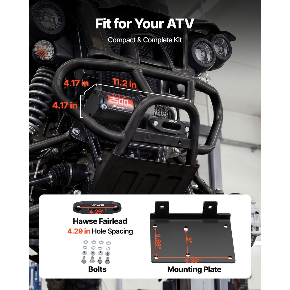 VEVOR Cabrestante Eléctrico 12V 1134 kg para ATV con Cuerda Sintética de 4,8 mm x 12 m, Motor 0,9 kW, Control Remoto con Cable, Soporte de Montaje, Guía de Cable y Gancho para Todoterreno Exteriores
