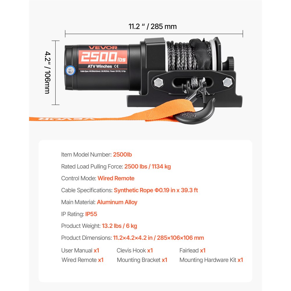 VEVOR Cabrestante Eléctrico 12V 1134 kg para ATV con Cuerda Sintética de 4,8 mm x 12 m, Motor 0,9 kW, Control Remoto con Cable, Soporte de Montaje, Guía de Cable y Gancho para Todoterreno Exteriores